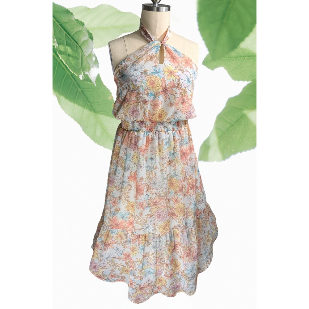 Maurice Sz XXL Pastel Floral Halter Dress Tiered Ruffle Smocked Waist Midi/Maxi